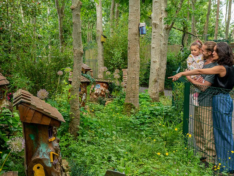 family of three looking and pointing at house in fairy forest emerald park