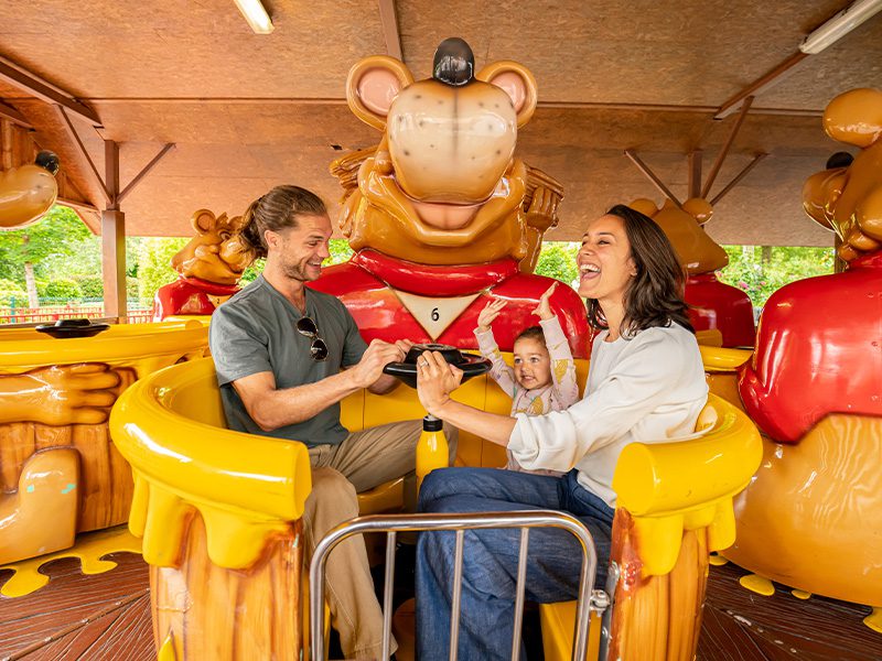 family of three on honey pot bears ride in emerald park with child waving