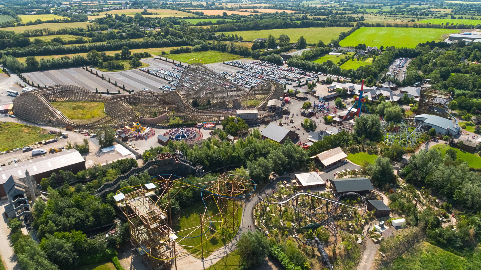 aerial view of emerald park theme park and zoo with carpark and attractions