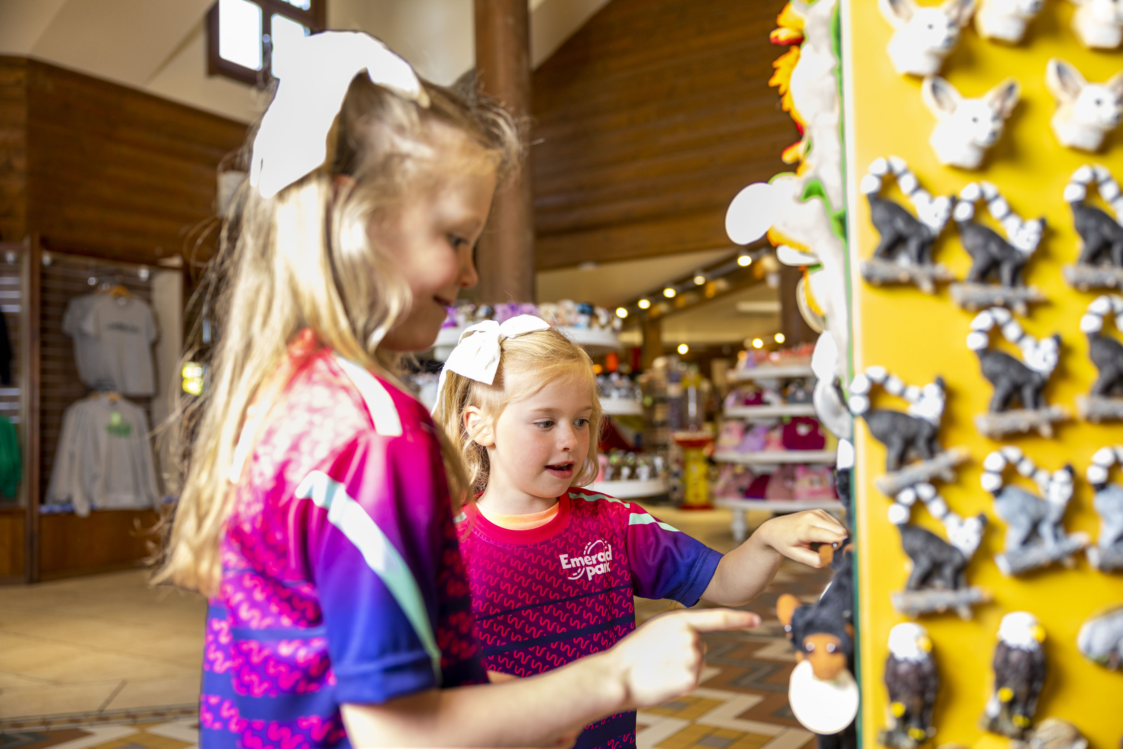 two girls looking at a magnet stand in the Emerald Park gift shop