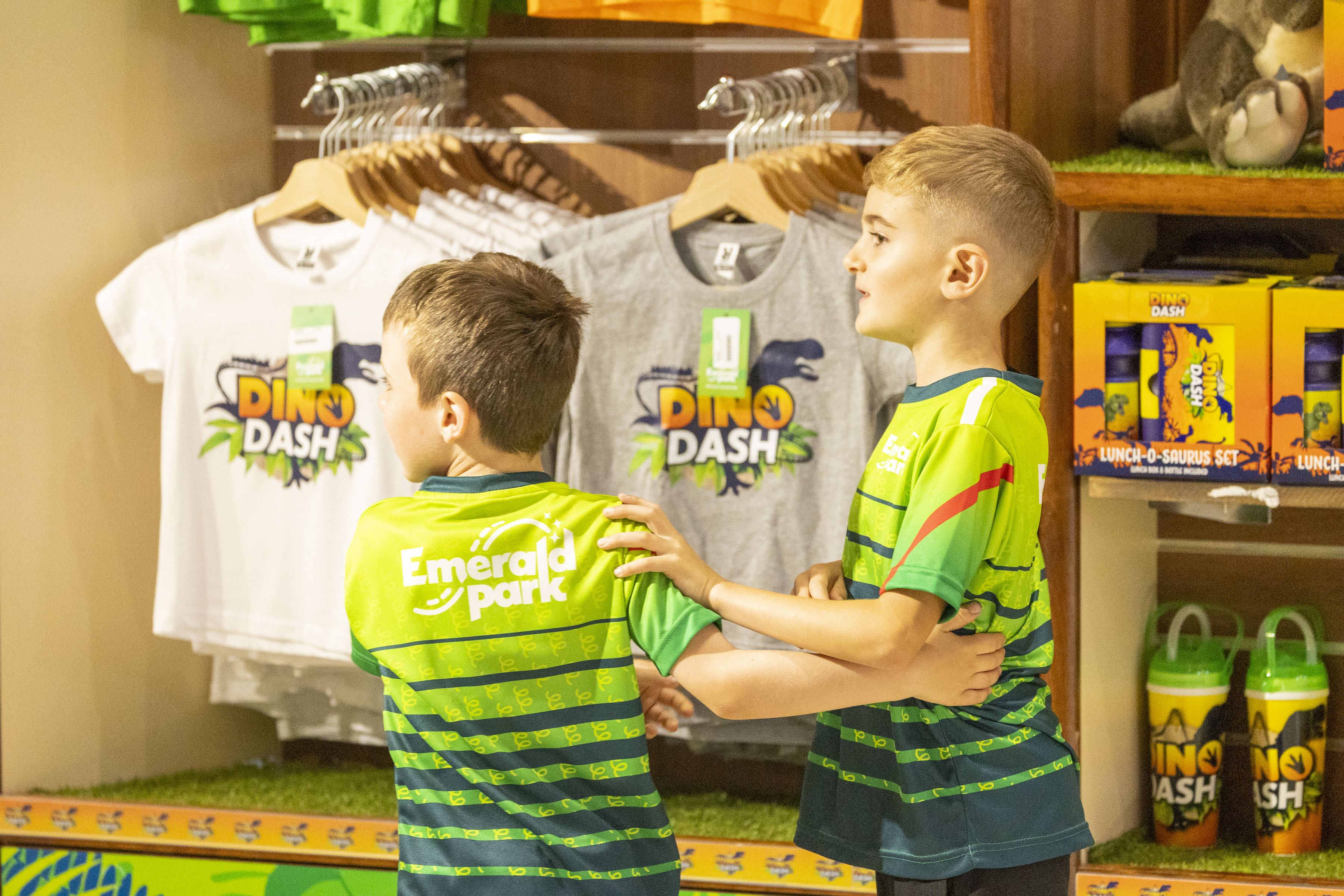 two boys in the gift shop at Emerald Park