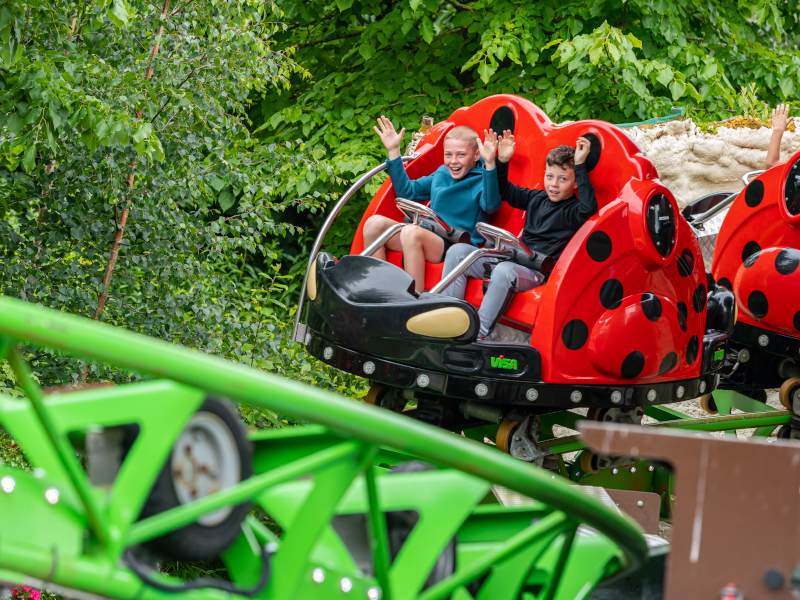 Children raising their arms in the middle of lady bird loop ride at emerald park