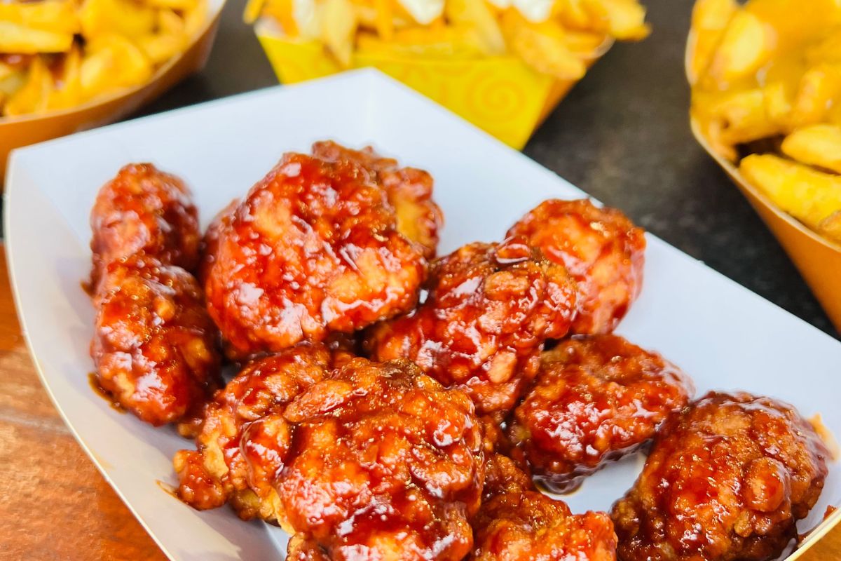 boneless chicken bites topped with sauce