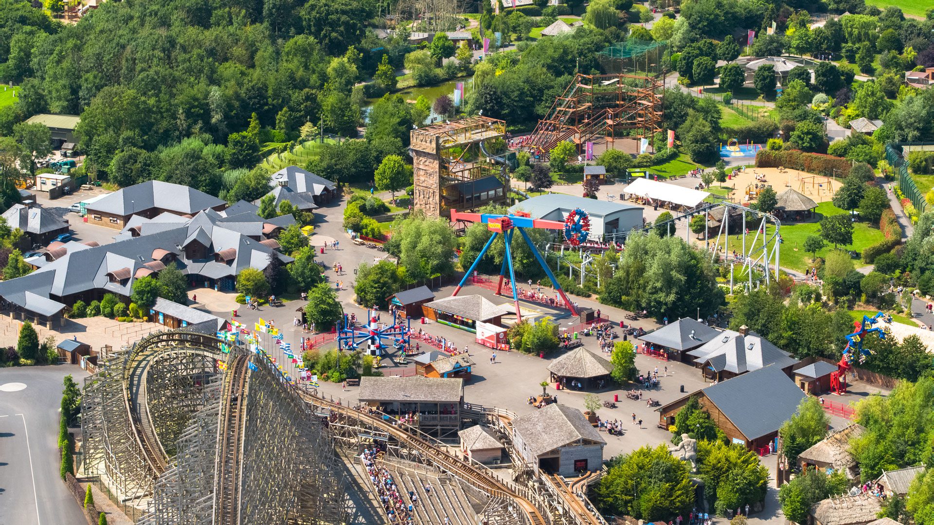 side aerial view of emerald park showing buildings and attractions