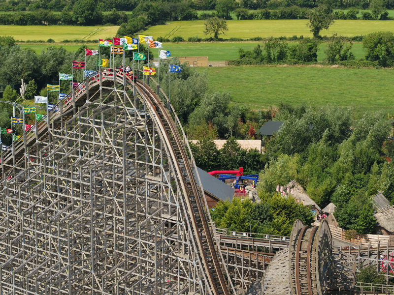 The Cu Chulainn rollercoaster in action approaching the steep slope