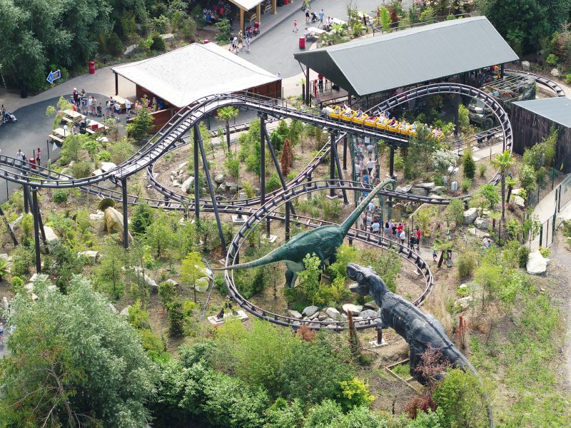 Aerial view of the dinosaur-themed rollercoaster