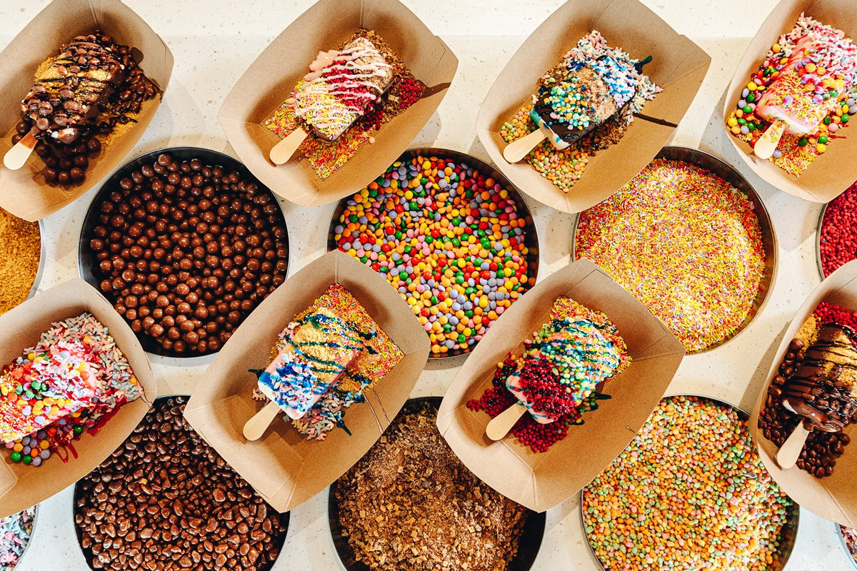 An over shot of the selection of ice cream and toppings at dunk