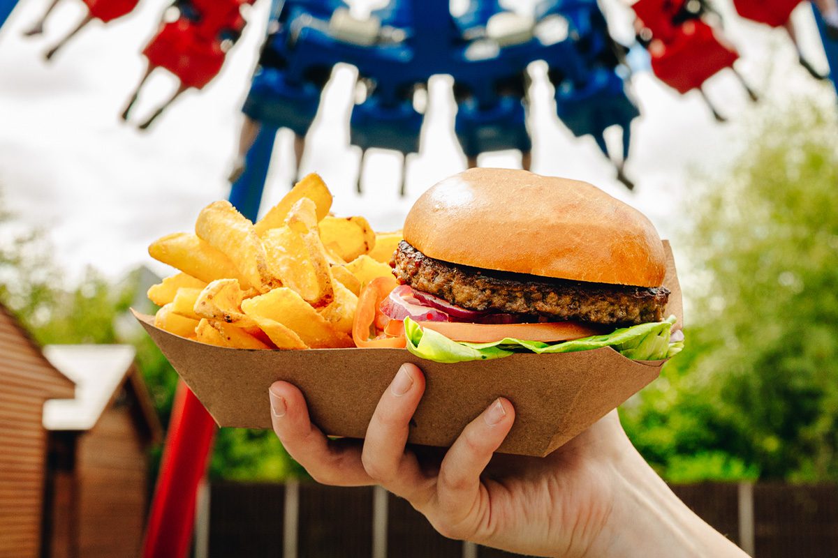 close up of basket of burger and chips at emerald park theme park