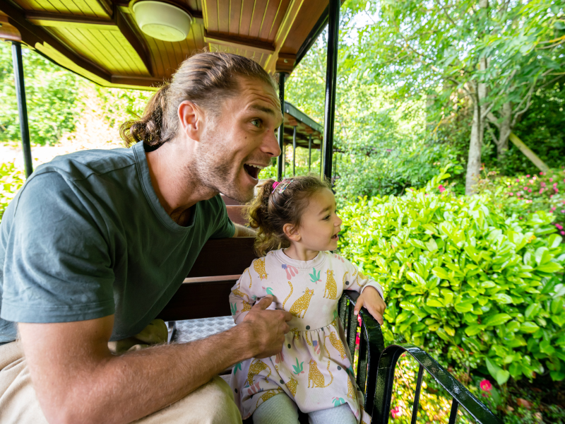 Father and daughter having fun riding the steam train