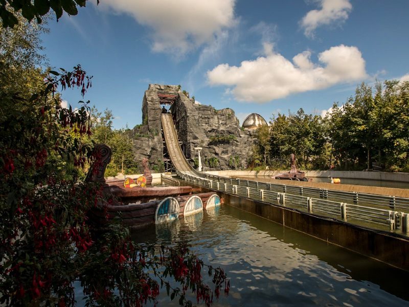 A wide shot of the viking voyage ride