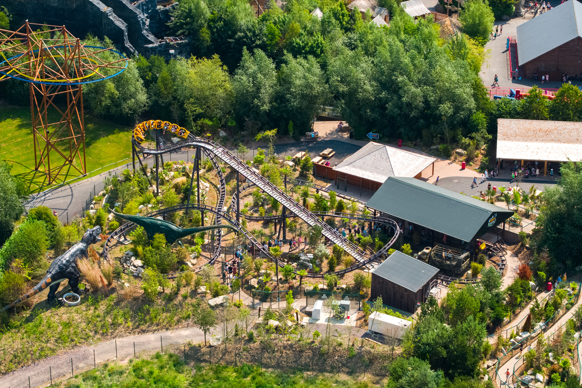 An aerial view of the dino dash ride at emerald park