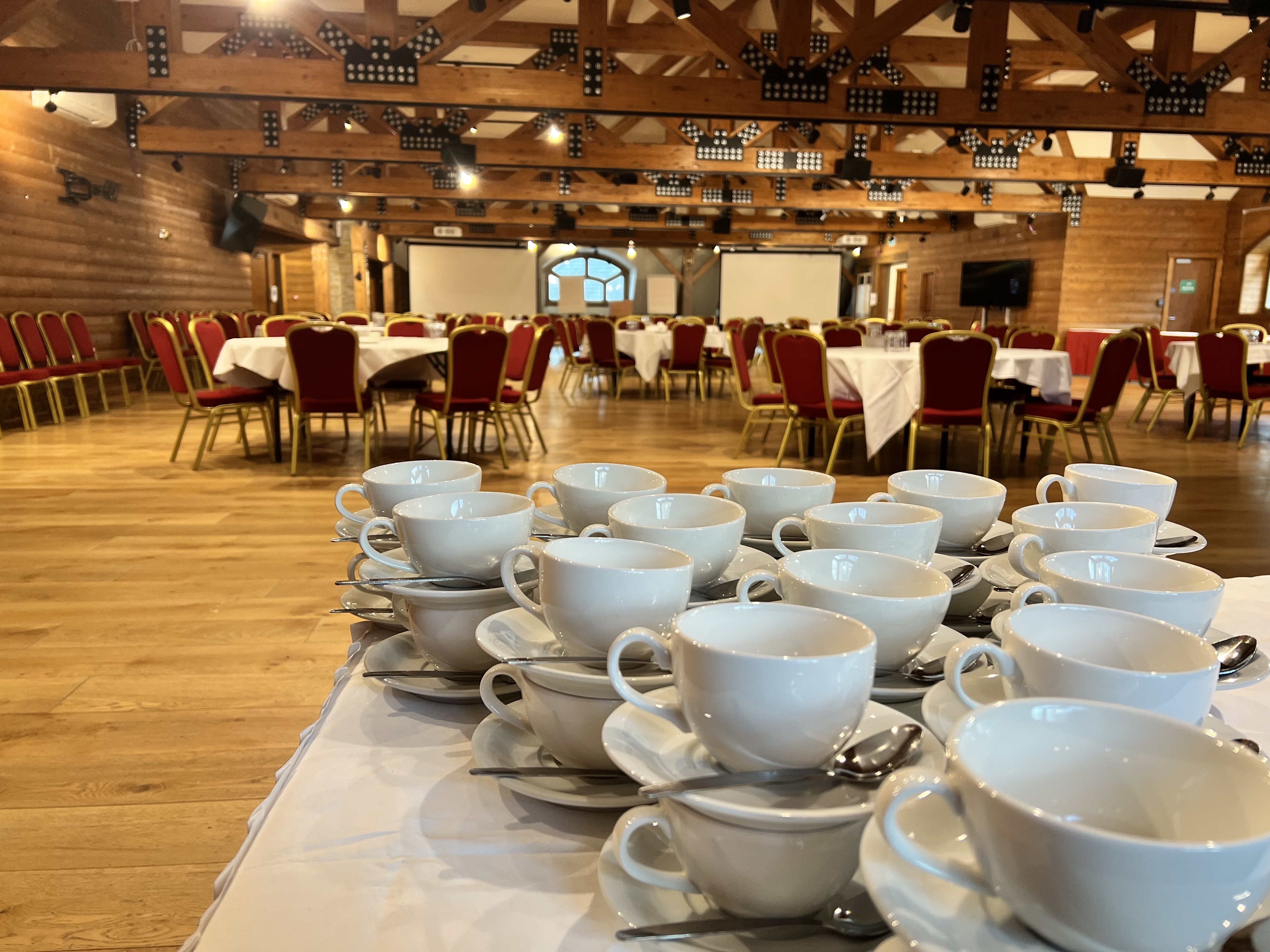 a function room set up to hold a conference