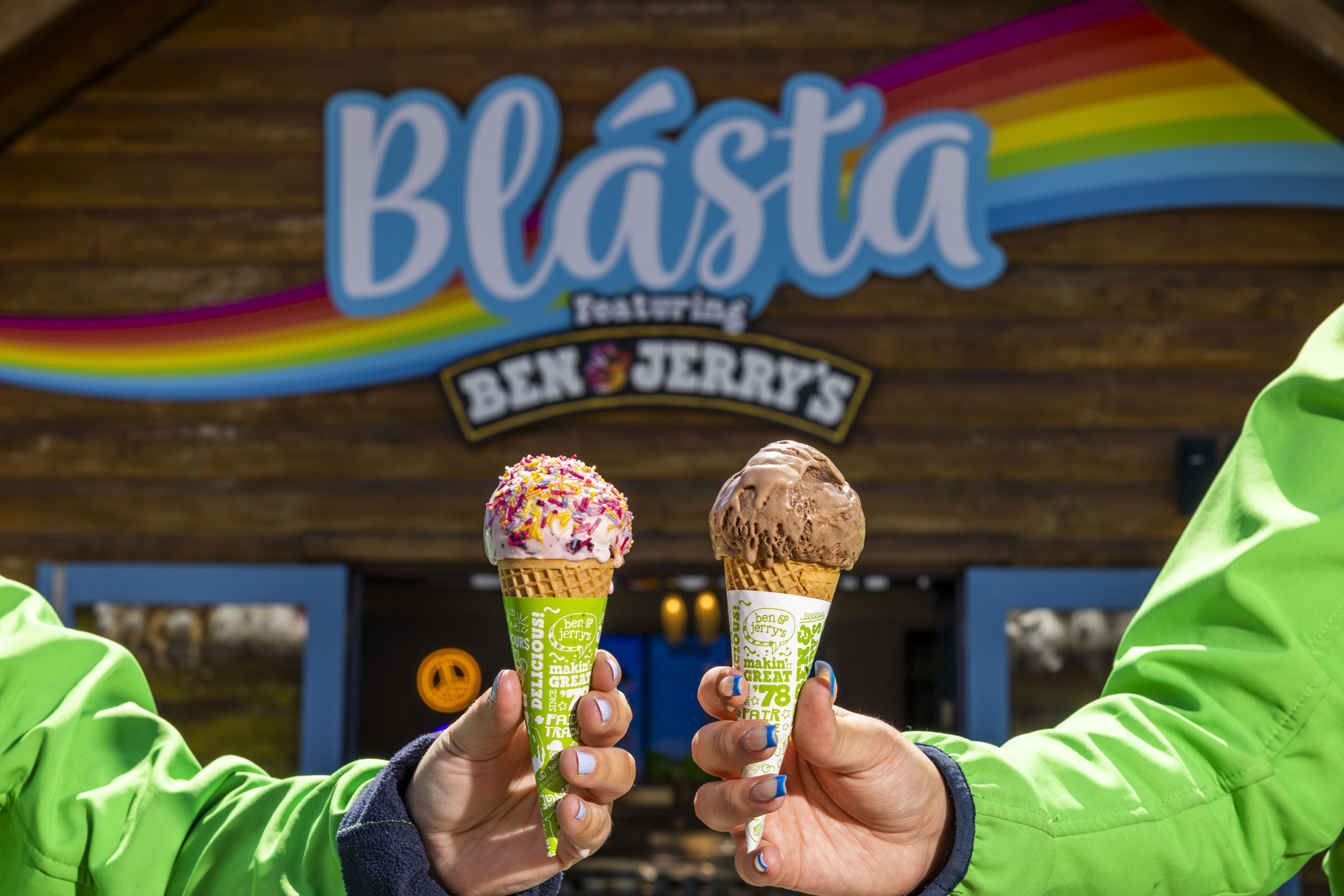 two Ben & Jerry's cones outside an ice cream parlour called Blásta