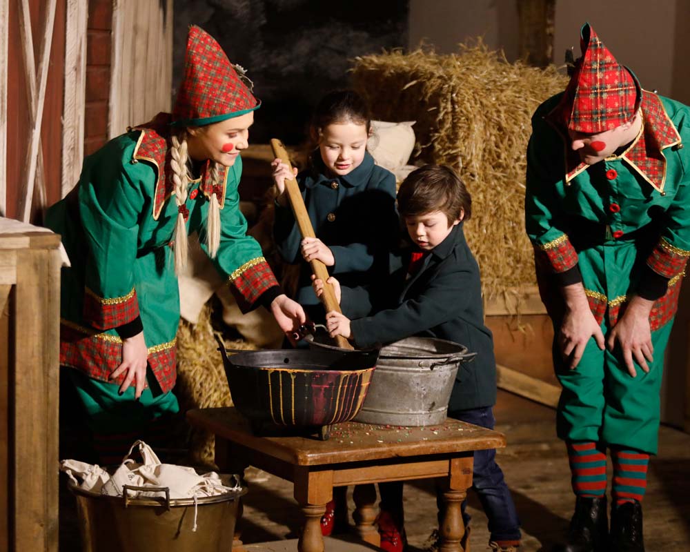 Christmas Experience at Emerald Park. Two elves and two children making reindeer food