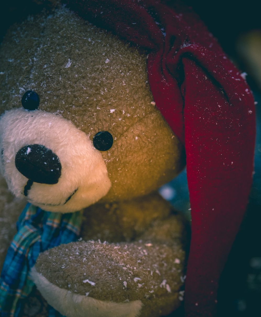 a teddy bear covered in show wearing a red hat