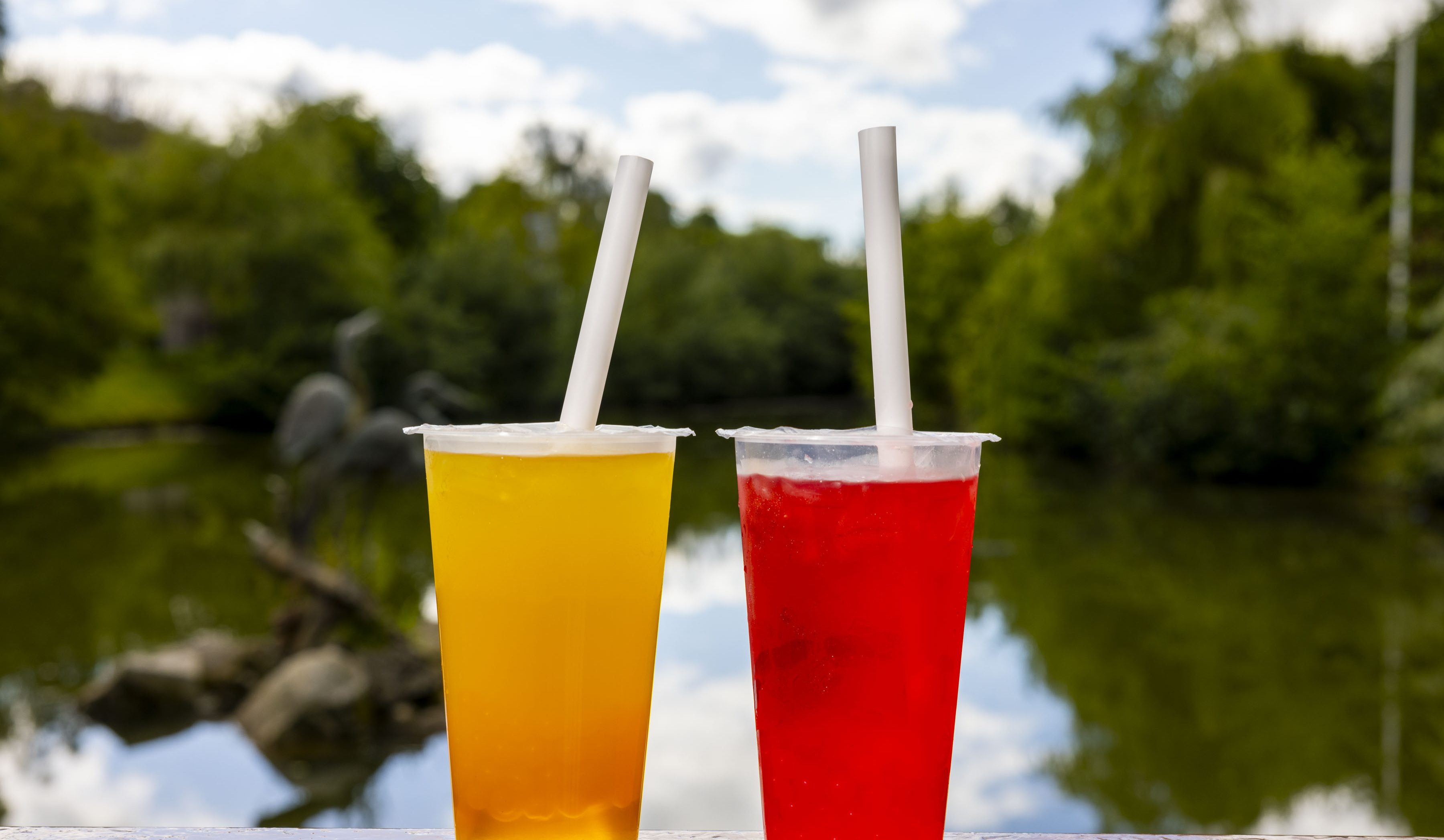 a yellow and red bubble tea in front of a lake