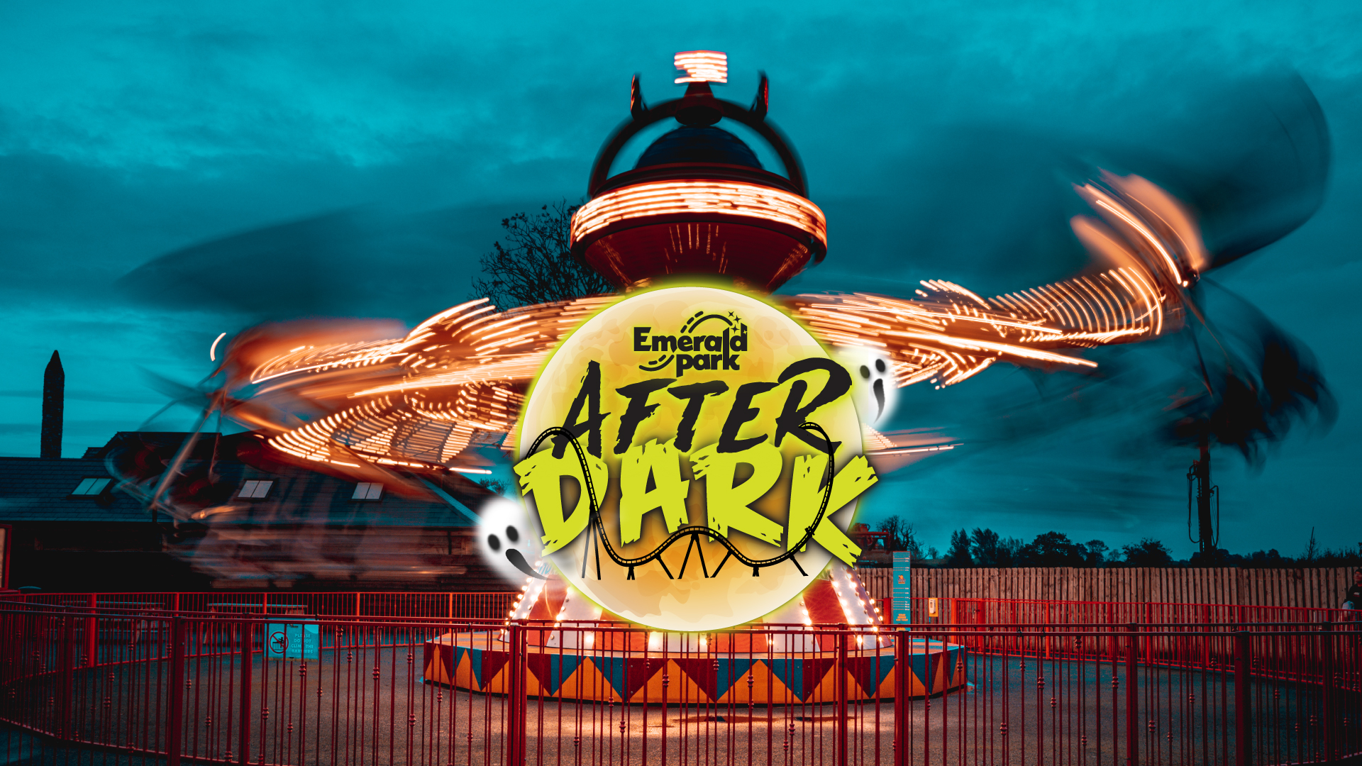Windstar attraction at Emerald Park. The ride is in motion. It is at nighttime and the attraction is lit up. An After Dark logo overlays the image