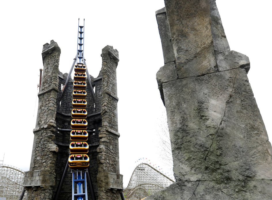 The Quest in Emerald Park. The coaster is within a ruined stone tower