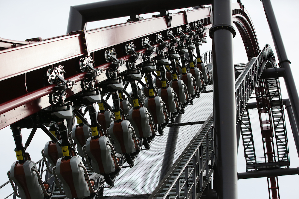 The lift hill of Na Fianna Force. The train is heading up the track